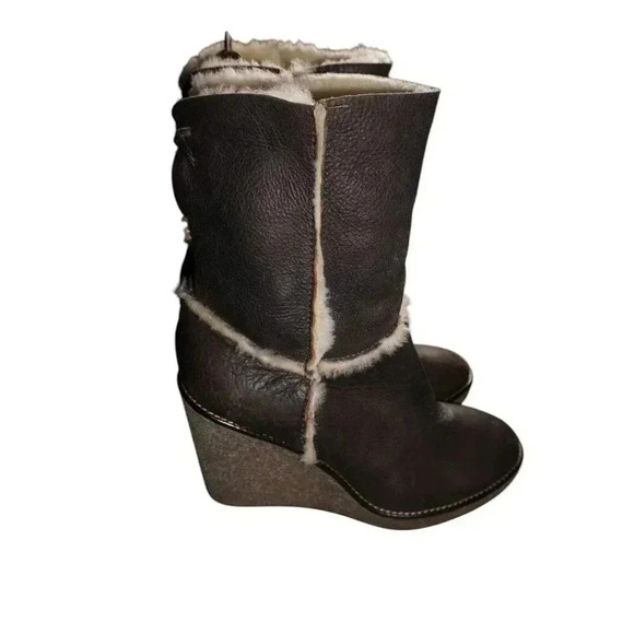 Moncler Brown Leather Merino Fur Boots Platform Wedge Booties 39 USA 8.5 - Picture 9 of 14